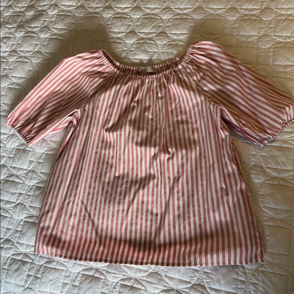 Loft pink and white striped off shirt. Size XS